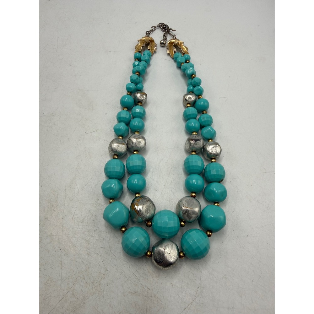 Vintage Chunky Turquoise Blue Silver Bead Double Strand Necklace Gold Accents